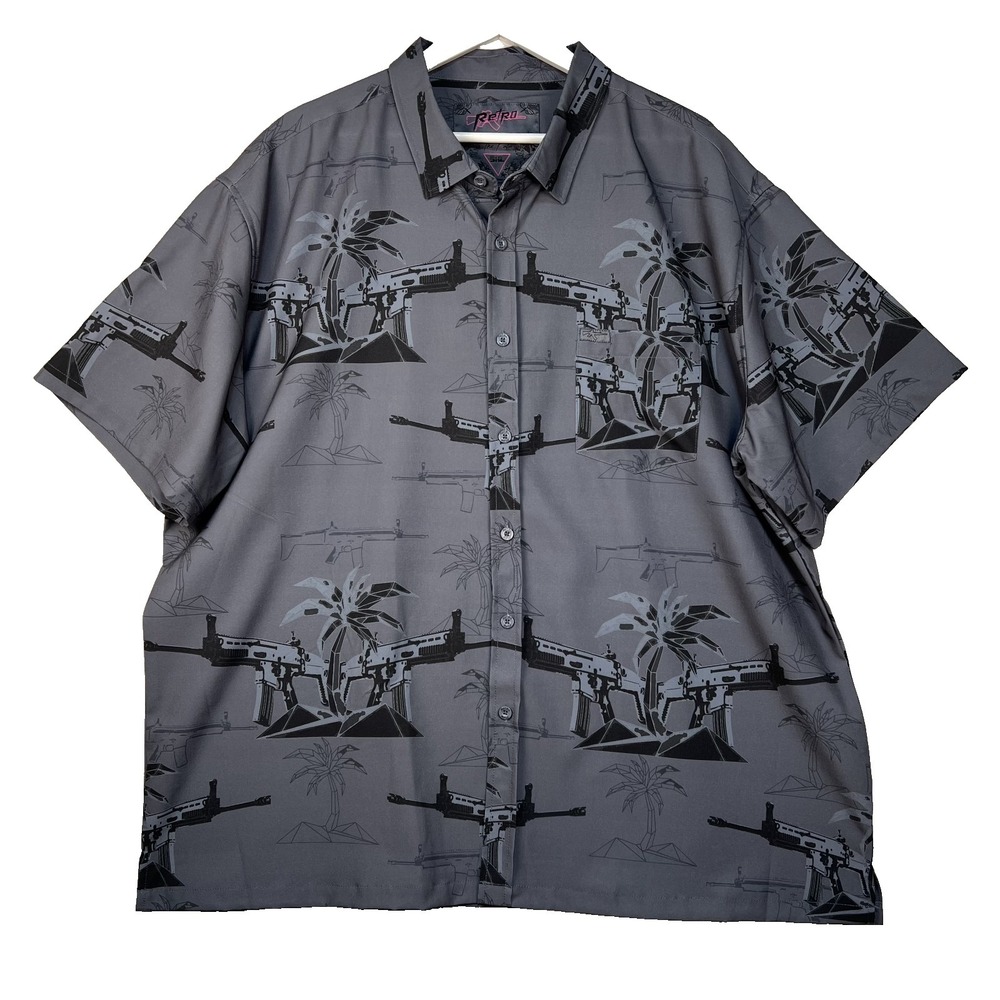 RETRO RIFLE The Palm Mens Shirt‎ 3XL Gray Black Palm Trees Guns Button Down FLAW